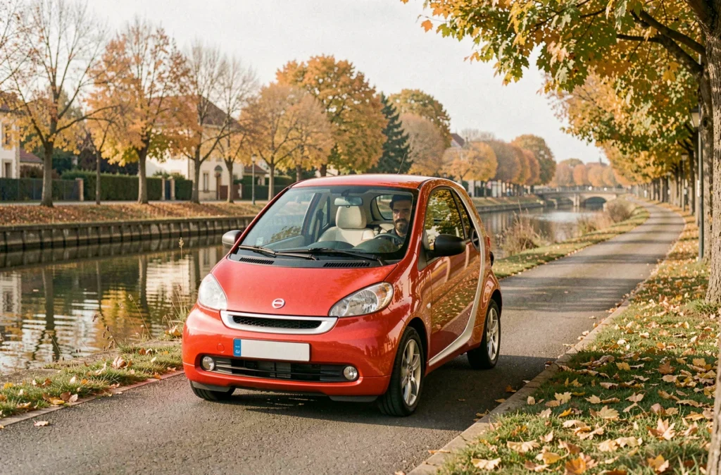 Voiture sans permis rouge roulant le long du Canal de Bourgogne à Dijon en automne