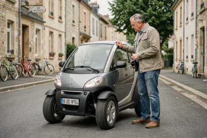 Homme inspectant une voiture sans permis d'occasion dans une rue résidentielle française