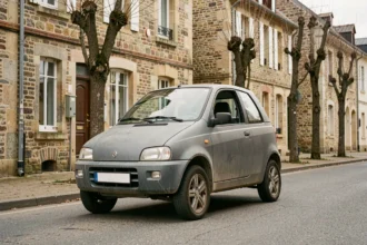 Voiture sans permis d'occasion grise garée dans une rue de village en Haute-Marne