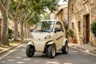 Voiture sans permis d'occasion garée dans une rue de village du Tarn avec facades en pierre