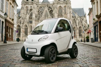 Voiture sans permis blanche garée dans une rue pavée de Rouen avec la cathédrale en arrière-plan
