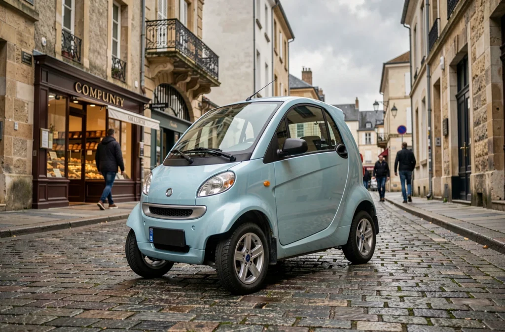 Voiture sans permis électrique garée dans une rue pavée d'une ville française
