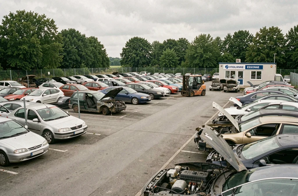 Vue d'ensemble d'une casse automobile professionnelle en Essonne avec des épaves organisées en rangées et un équipement de manutention